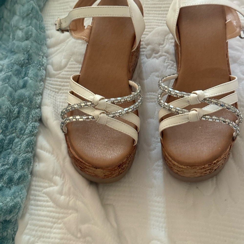 Womens White Platform Sandals with Rhinestone Straps